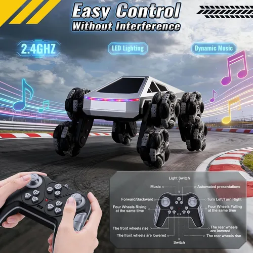 Miniatura 4 de Bsgifts Auto de control remoto, 8 ruedas RC Stunt Car con luces LED y música, auto de deriva RC de 2.4 GHz para niños de 6 a 14 años, regalo