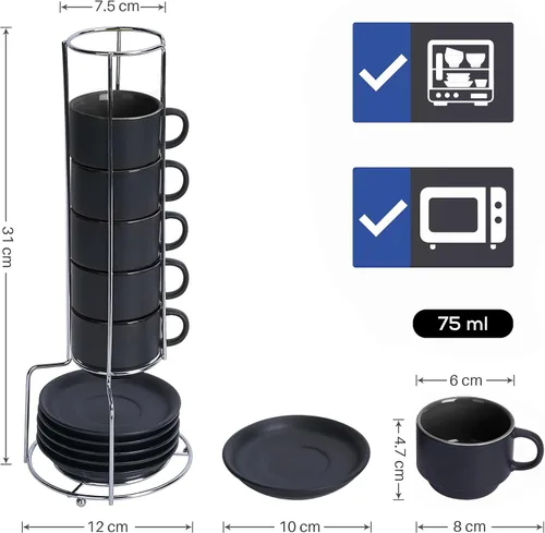 Miniatura 3 de MIAMIO - Juego de tazas de café expreso de 2.5 oz con platillos, juego de tazas de café de 6 piezas - Taza de café de cerámica apilable, taza