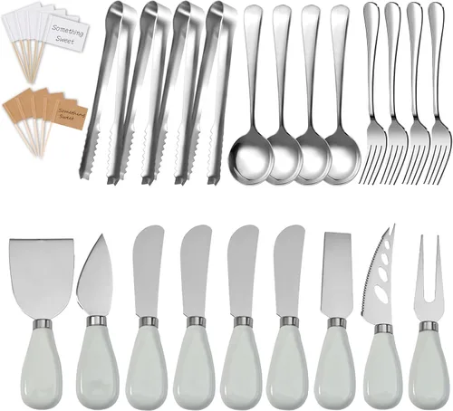 Juego de 22 piezas de cuchillos de porcelana para charcutería, esparcidores de queso de mármol, cortador de mantequilla con mini pinzas para servir,