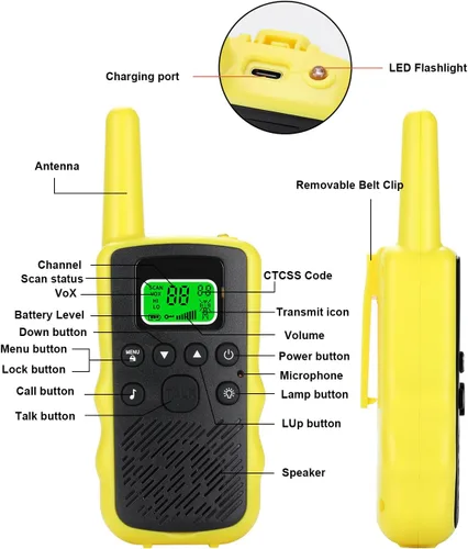 Miniatura 7 de Walkie Talkies de largo alcance para adultos, radios bidireccionales recargables de mano con 22 canales FRS, walkie talkies para niños con linterna