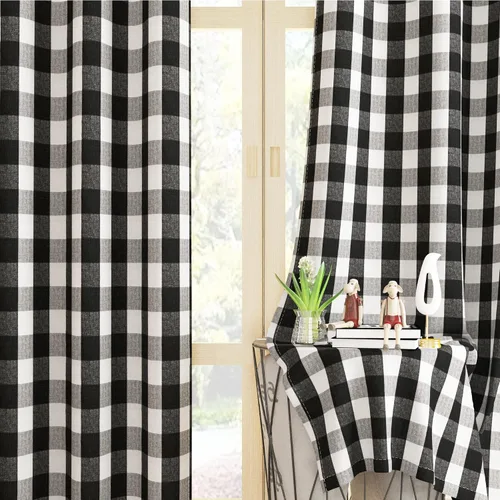 Miniatura 18 de UPOPO Cortinas de ventana Buffalo Check 122 cm de largo, cortinas de algodón para sala de estar, paneles de cortina a cuadros para dormitorio
