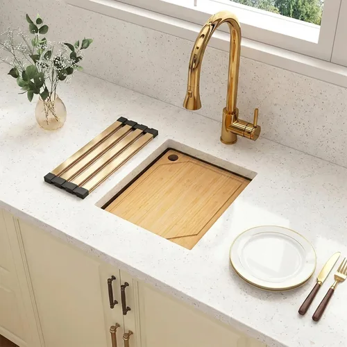 Miniatura 8 de Fregadero de barra dorada de 13 x 15 pulgadas, fregaderos de cocina dorados de acero inoxidable SUS304 de calibre 16 con accesorios, fregadero