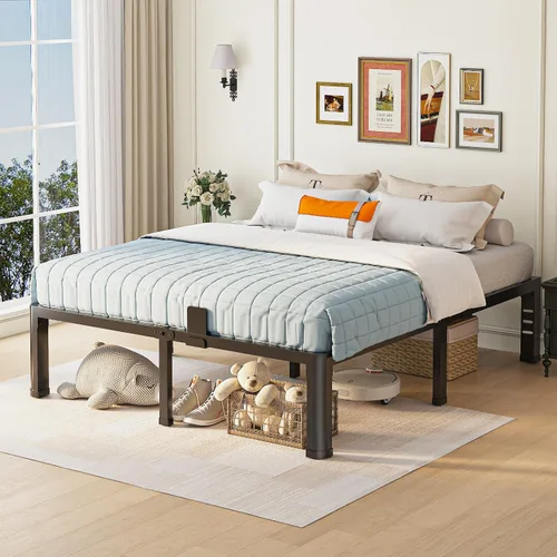 Miniatura 2 de Marco de cama de tamaño matrimonial con patas de esquinas redondas y agujeros para cabecero con tope para colchón de 14 pulgadas, plataforma