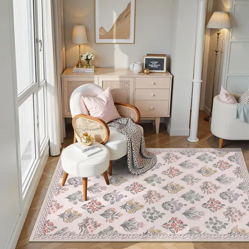 Miniatura 7 de Wonnitar Alfombras rosas para dormitorio, niñas, guardería, alfombra lavable con estampado floral de 5 x 7 pies, bohemio, ultrafina, antideslizante
