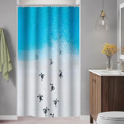 Yeele Juego de cortinas de ducha de playa de verano, color azul, océano, blanco, playa, tortugas marinas, cortina decorativa para bañera, tela
