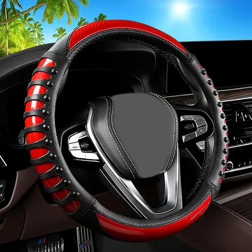 Miniatura 16 de Funda universal para volante de automóvil con masaje 3D, 14.5-15 pulgadas, fundas de cuero de fibra de carbono negras, transpirables