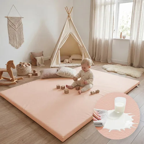 Miniatura 12 de Huloo Sleep Tapete de juego para bebé de 47 x 47 pulgadas, acolchado impermeable de 1.3 pulgadas de grosor, tapete para corral de juegos con cuero