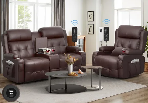 Miniatura 32 de Sofá biplaza reclinable grande y alto con capacidad de 880 libras, sofá biplaza de masaje con consola, 90% preconstruido de fábrica, reposapiés