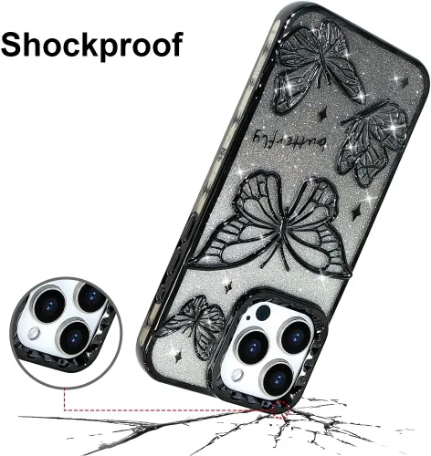 Miniatura 6 de BITOBE Diseñada para iPhone 15 Pro Max, bonita funda de mariposa 3D chapada en purpurina delgada para mujeres y niñas, protección de cámara, Negro