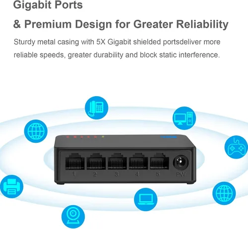 Miniatura 4 de Interruptor de red Gigabit de 5 puertos, interruptor portátil Plug & Play Carcasa sin ventilador, negro, para el hogar, oficina, interruptores