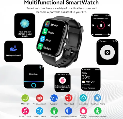 Miniatura 6 de Reloj inteligente con Alexa integrado, llamadas y notificaciones Bluetooth, monitor de salud HD de 1.83 pulgadas, frecuencia cardíaca 24/7 y Negro