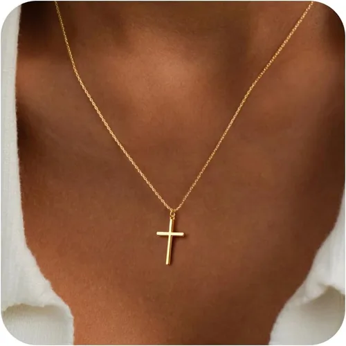 Miniatura 8 de Collar de cruz para mujeres y niñas, delicado chapado en oro de 14 quilates, gargantilla con dije de cruz que no se deslustra, impermeable, moderno
