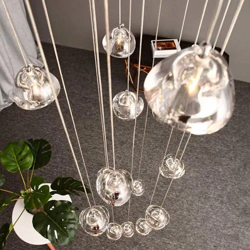 Miniatura 7 de Candelabro de cristal LED moderno, lámpara colgante de gota de lluvia, lámpara de techo de bola de cristal, 14 luces para escalera, sala de estar