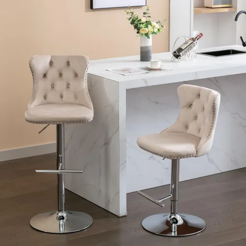 Miniatura 20 de Taburete de bar giratorio con respaldo copetudo, taburetes de bar ajustables en altura de mostrador, ribete de cabeza de clavo, silla de bar Beige +