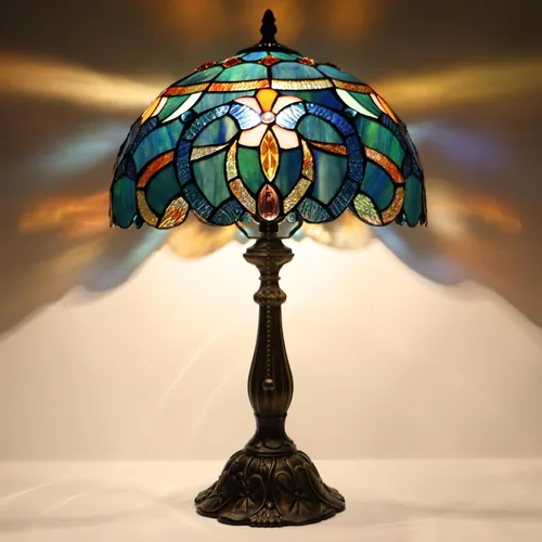 Miniatura 9 de Tiffany Lamp Stained Glass Table Lamp Bedside Reading Light W12H19 Inches (Sea Blue Pearl Style)
