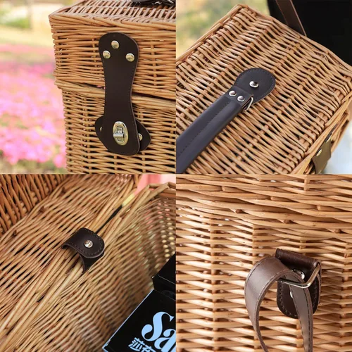 Miniatura 3 de Cesta de picnic de mimbre, cesta de almacenamiento rectangular con correa de transporte para camping, viajes, fiesta