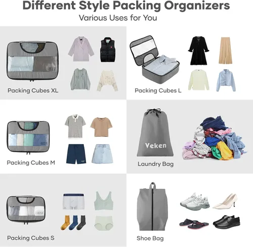 Miniatura 3 de Veken - Juego de 6 estuches organizadores equipaje de viaje incluye bolsa para ropa sucia y bolsa para zapatos gris VK456