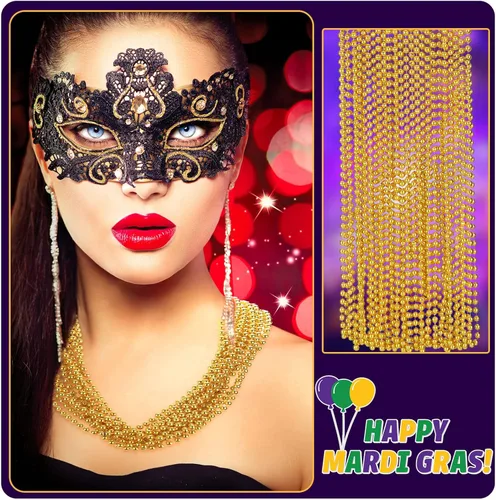Miniatura 5 de Junkin 24 collares de cuentas amarillas de Mardi Gras de oro de 33 pulgadas y 0.276 in metálicos para fiesta, guirnalda a granel, accesorio