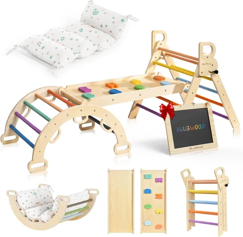 Miniatura 13 de BlueWood Juego de triángulo Pikler, conjunto plegable de 7 en 1 de madera para escaladores de niños pequeños, patio de juegos interior, gimnasio