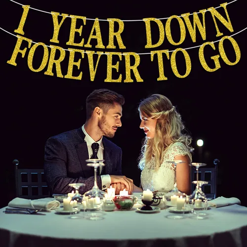 Miniatura 4 de Cartel de 1 año con texto en inglés "Down Forever to Go", regalo de 1 año de matrimonio, suministros de decoración de fiesta de aniversario de boda