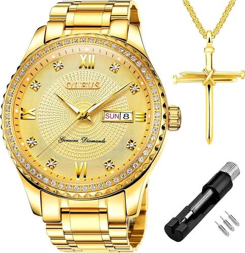 OLEVS - Relojes de diamantes para hombres, relojes de vestir a prueba de agua, relojes analógicos de cuarzo de lujo con calendario de fecha y correa