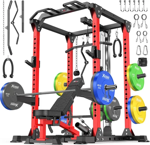Miniatura 15 de Power Cage - Rack de Potencia Multifunción con Sistema de Cruce de Cables, Rack para Sentadillas de Capacidad de 1800 LBS con Banco de Pesas