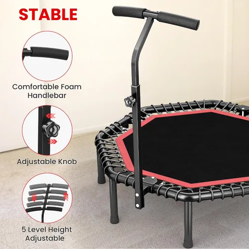 Miniatura 5 de Trampolín de rebote octogonal de 50 pulgadas para adultos, rebote de fitness con cuerdas elásticas silenciosas, barra de mango ajustable en T