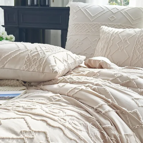 Miniatura 7 de Edredón con Mechones Tamaño King Juego de 3 Piezas Beige Boho Decoración de Dormitorio Estilo Granja para Todas las Estaciones Edredón Tamaño King