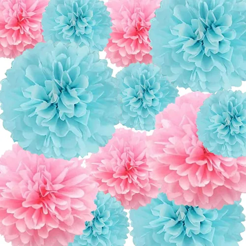 Miniatura 34 de We Moment Pompones de papel de seda morado y rosa para decoración de fiesta de niñas en el techo, para colgar en la pared, 12 pompones de seda de 4
