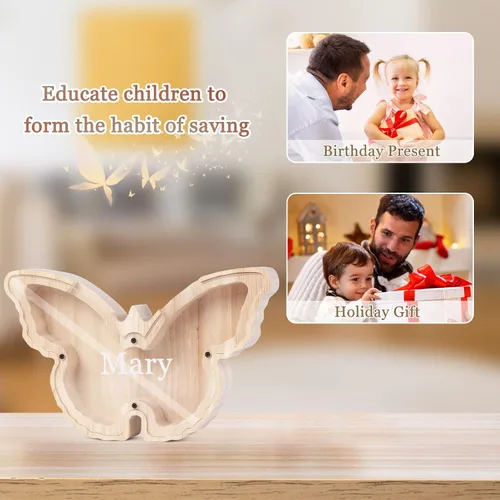Miniatura 3 de Alcancía de madera personalizada con diseño de dinosaurio grabado con nombre grabado, caja de dinero para Navidad, cumpleaños, regalo divertido