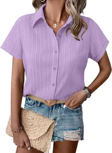Miniatura 10 de HOTOUCH Camisa de vestir de manga corta con botones para mujer, cuello en V, con botones, para verano, con textura, para el trabajo