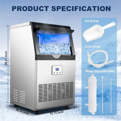 Miniatura 8 de Máquina comercial de hielo de 90 libras/24 horas, máquina de hielo de acero inoxidable bajo encimera o independiente con almacenamiento de 25