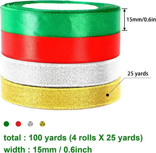 Miniatura 2 de DECYOOL - Cinta de Navidad, 4 rollos de 100 yardas de cintas navideñas para envolver regalos (0.6 in de ancho, rojo, verde, dorado y plateado)