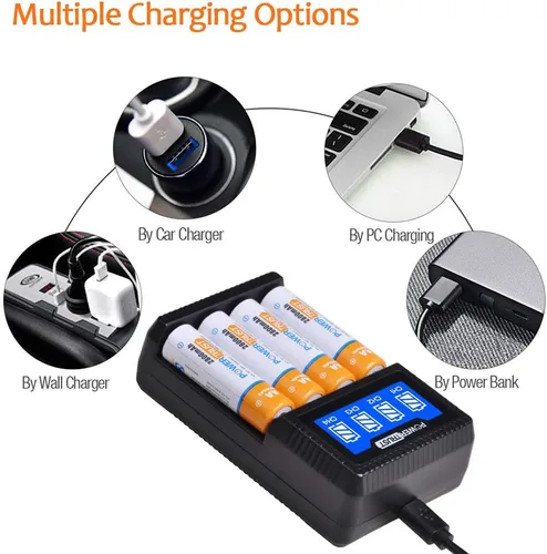 Miniatura 2 de Paquete de 4 baterías recargables AA de 2800 mAh y cargador USB LCD para baterías recargables AA AAA Ni-MH con 4 ranuras
