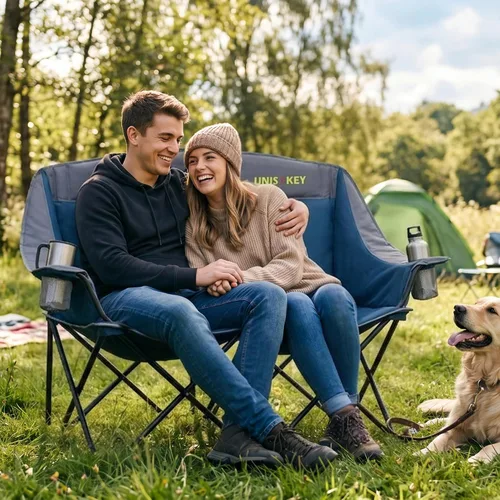 Miniatura 8 de Unisakey Silla de campamento doble, sofá biplaza acolchado de gran tamaño, silla plegable resistente de 650 libras con portavasos y bolsa