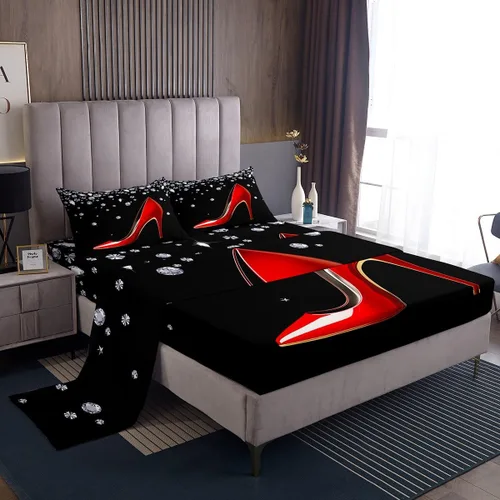 Miniatura 9 de Castle Fairy Juego de sábanas con lazo, juego de sábanas de diamante con purpurina para niños, juego de ropa de cama rosa y negro para niños