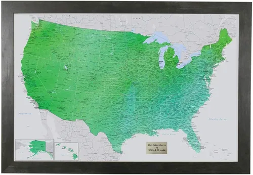 Miniatura 10 de Push Pin Travel Maps Encantador verde esmeralda personalizado Estados Unidos con alfileres y marco marrón de 27.5 x 39.5 pulgadas - Mapa tus viajes