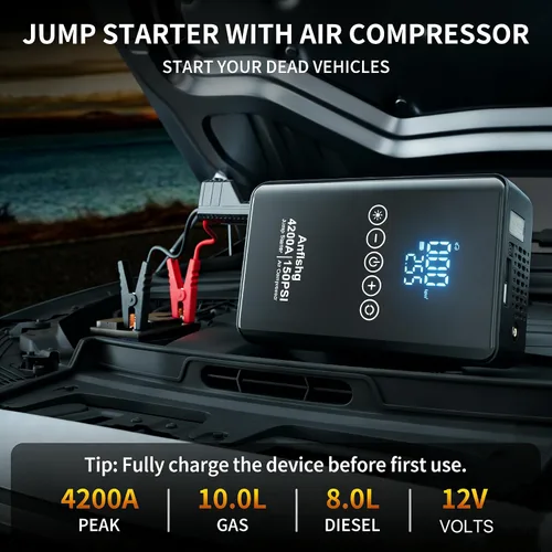 Miniatura 2 de Arrancador de Batería Portátil para Coche con Compresor de Aire, Caja de Arranque 4200 A 150 PSI (Todo Gas/8 L de Diésel), Paquete de Arranque de 12