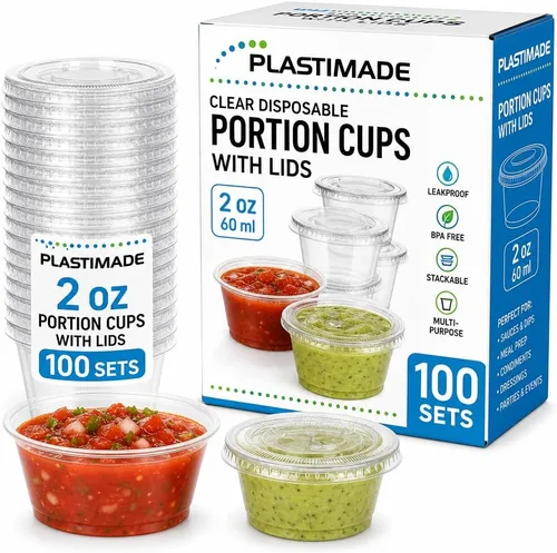 Vasos de plástico desechables con tapa (100 juegos de 1 onza) - Vasos de condimentos desechables, salsas, salsas, aderezos, tazas de soufflé y vasos