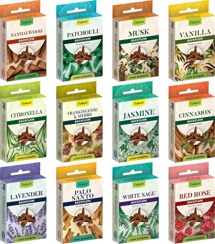 Miniatura 18 de Tulasi Nag Champa - Varitas de incienso surtidas/paquete variado – 180 varillas enrolladas a mano, 12 aromas naturales Sándalo, lavanda, vainilla