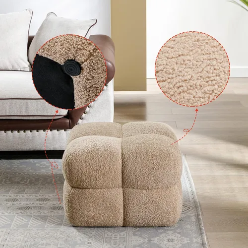 Miniatura 5 de Puf otomano de 21 pulgadas de ancho, taburete cuadrado grande para sofá, otomano bohemio tapizado con tela de peluche para tocador, entrada, Caramelo