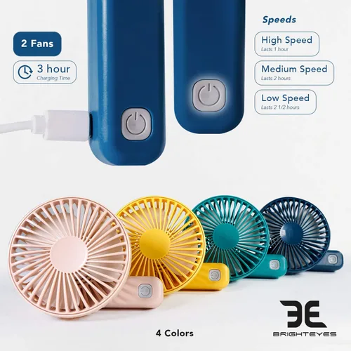 Miniatura 3 de Bright Eyes Ventilador de mano con mango ajustable giratorio Paquete de 2 Ideal para sofocos Recargable con micro USB (amarillo)