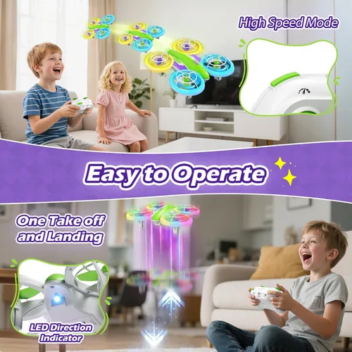 Miniatura 5 de Dron LED RC para niños de 6+, regalo de Navidad y cumpleaños para niños y niñas con baterías del control remoto, giro de 360°, modo de alta Verde