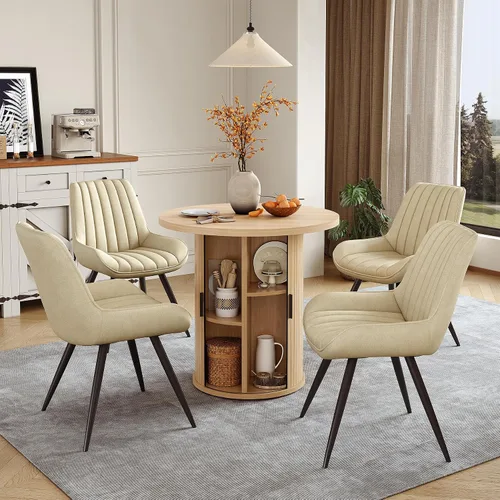 Miniatura 23 de Miereirl Juego de mesa y sillas de comedor moderno redondo, con una mesa de comedor de madera equipada con compartimentos de almacenamiento
