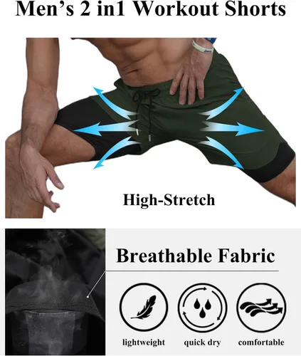 Miniatura 2 de COOFANDY Paquete de 2 pantalones cortos para correr 2 en 1 para hombre, pantalones cortos de entrenamiento de secado rápido para gimnasio