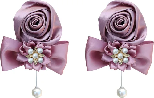 Miniatura 10 de Boutonniere de rosas de satén, 2 piezas para boda, novio, padrino, padrino, mejor hombre, padre, alfiler de solapa, agujero de botón, flor