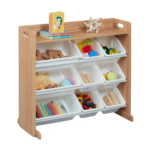 Miniatura 12 de ECR4Kids Organizador de 3 niveles con estante y 9 contenedores, almacenamiento para juguetes, natural oscuro/blanco