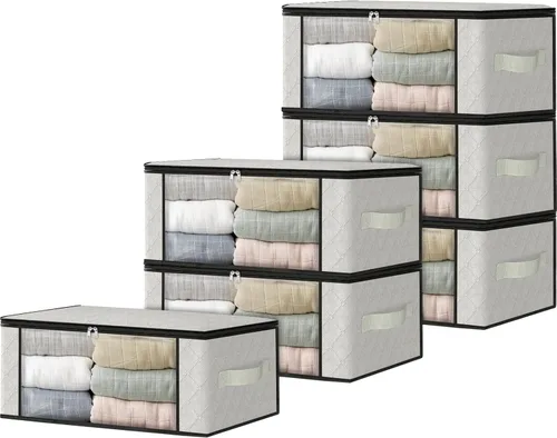 Miniatura 29 de HomeHacks Paquete de 3 bolsas organizadoras de ropa, caja de almacenamiento plegable con gran ventana transparente y asas resistentes para armario