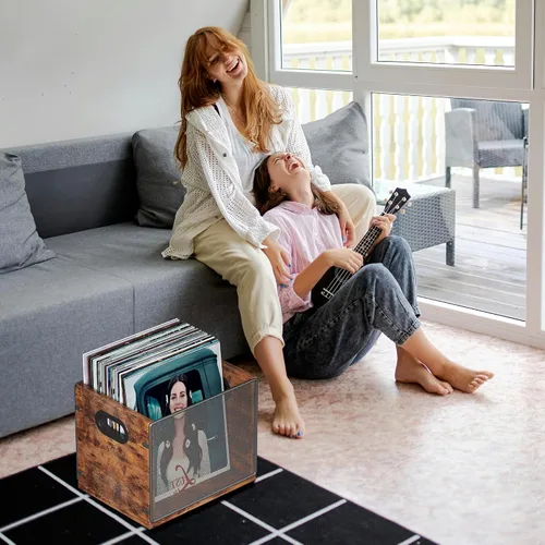 Miniatura 8 de Homeiju Caja de discos de madera y metal, soporte y organizador de álbumes de vinilo, con capacidad para hasta 60 discos