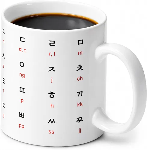 BICETTO Taza de café de cerámica coreana de 12 onzas con impresionante diseño de hangul y alfabeto inglés, taza ideal para entusiastas del café y el